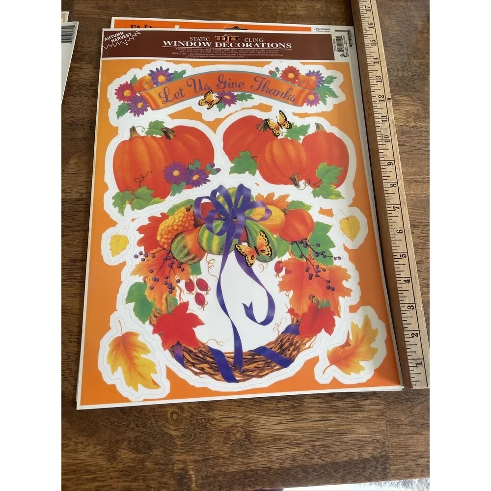 5 Vintage Vinyl Window Clings Thanksgiving And Fall Themed Pumpkins Turkey